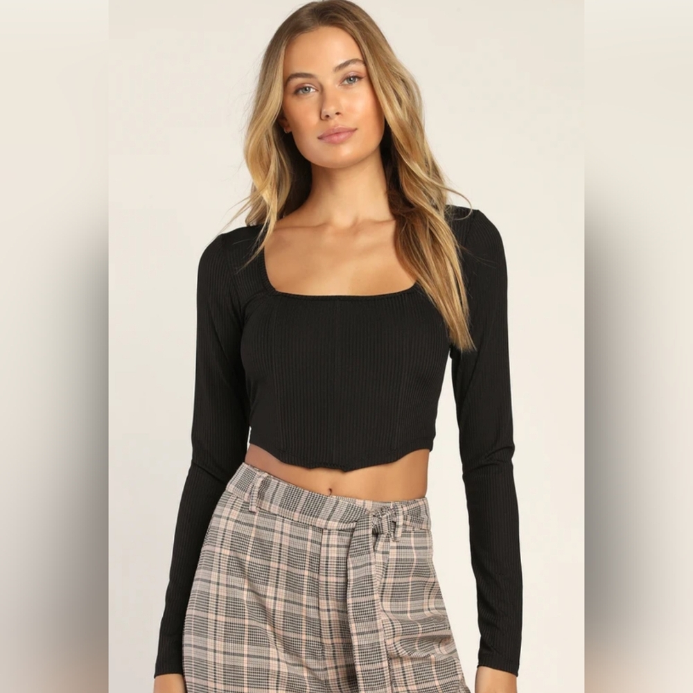 Flair For The Flirty Black Ribbed Bustier Crop Top. Medium